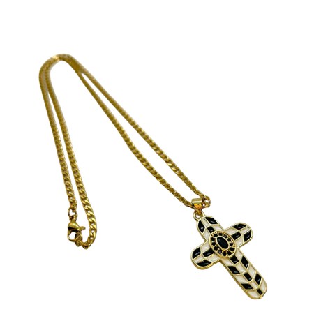 necklace steel gold chain with cross metal black and white1